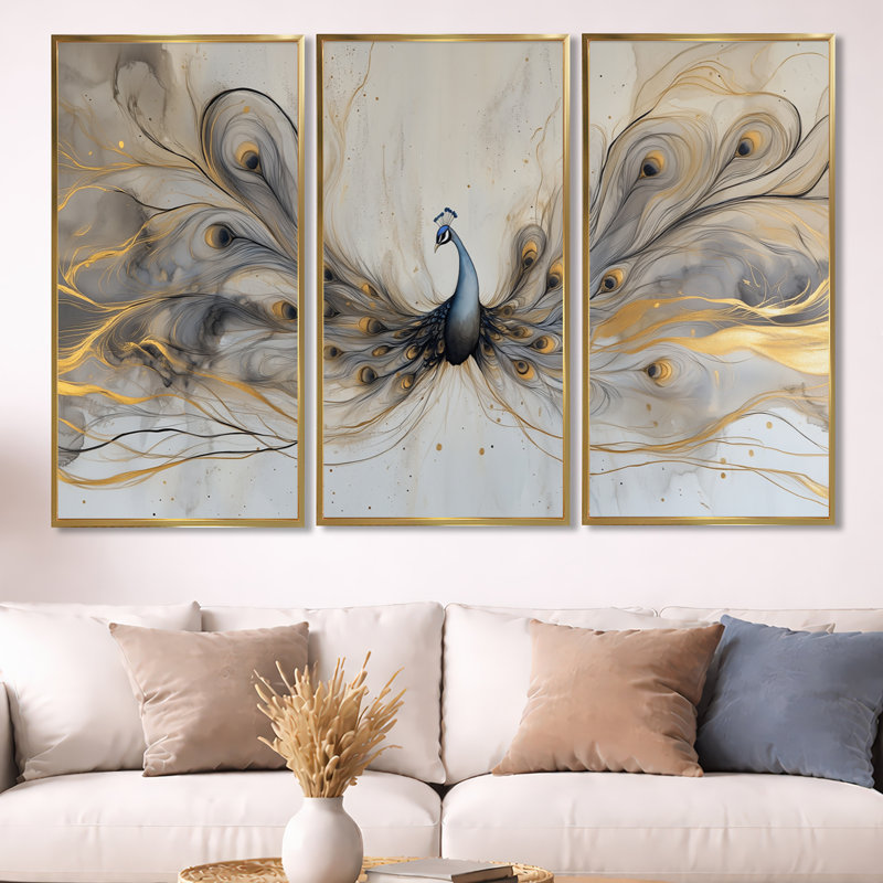 «Gold Peacock in Bloom - Bird», art mural 3 pièces, H 40 po x l 60 po, Cadre flottant doré