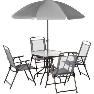 6 meubles de salle à manger d'extérieur pour 4 - gris. Parasol inclus. Chaises pliantes en acier. Table en verre trempé près de la piscine. 78,75 "H Patio de couleur grise. Parasol et terrasse pliante. Chaises 27,25"