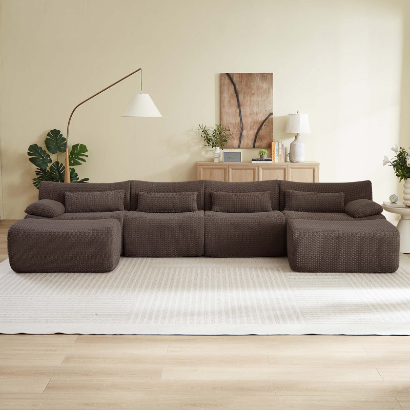 Canapé modulaire convertible en forme de U avec repose-pieds, canapé de salon moelleux et confortable, Velours côtelé - brun