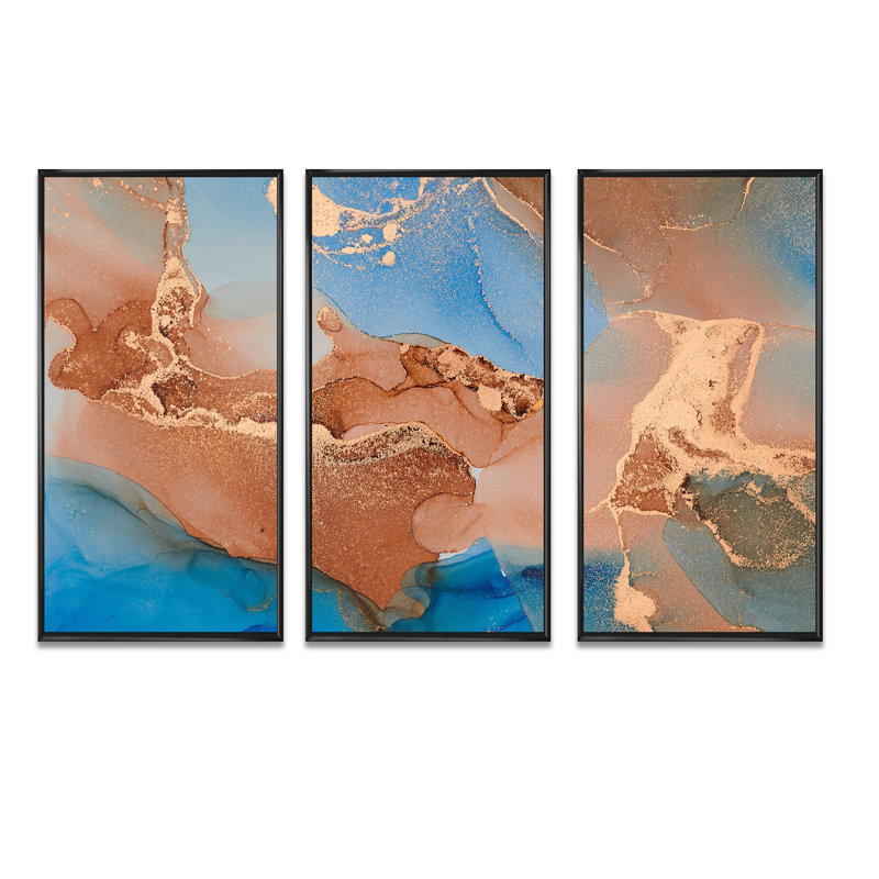 Bleu et brun, luxe, art abstrait fluide, art moderne sur toile encadrée moderne, ensemble de 3, H 28 po x l 36 po x P 1 po
