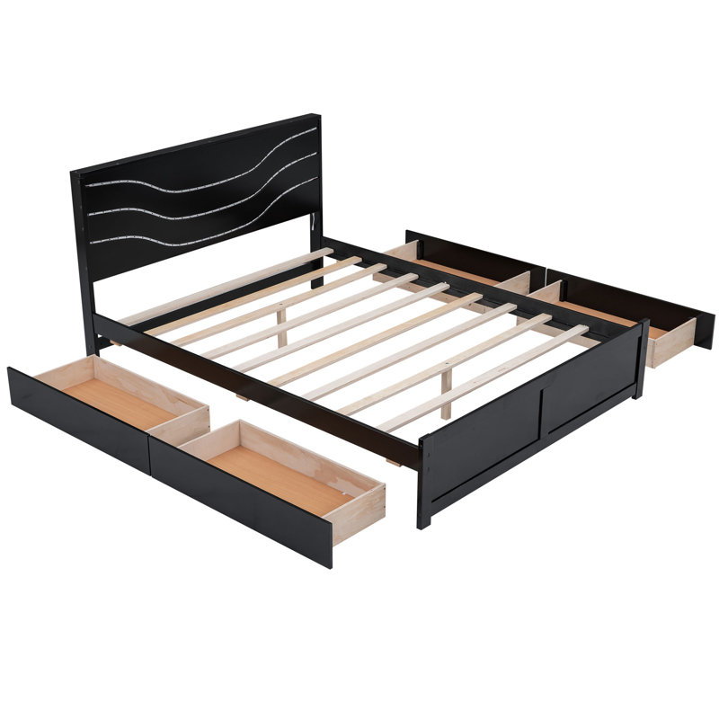 Wood Storage Platform Bed With LED And 4 Drawers, Black