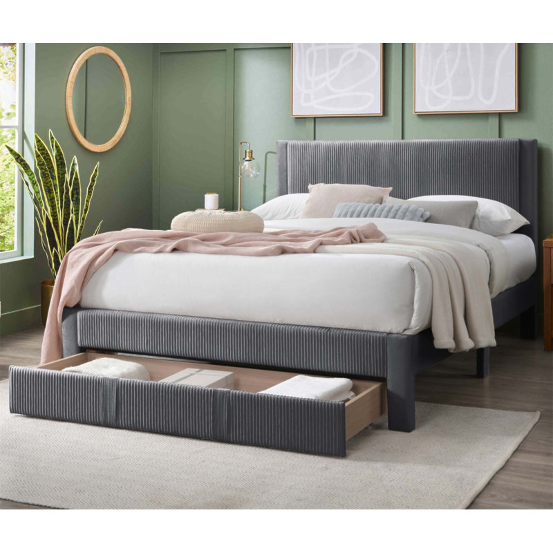 Grand lit tapissier contemporain en velours côtelé avec tiroir de rangement sous le lit, parfait pour les chambres modernes et élégantes