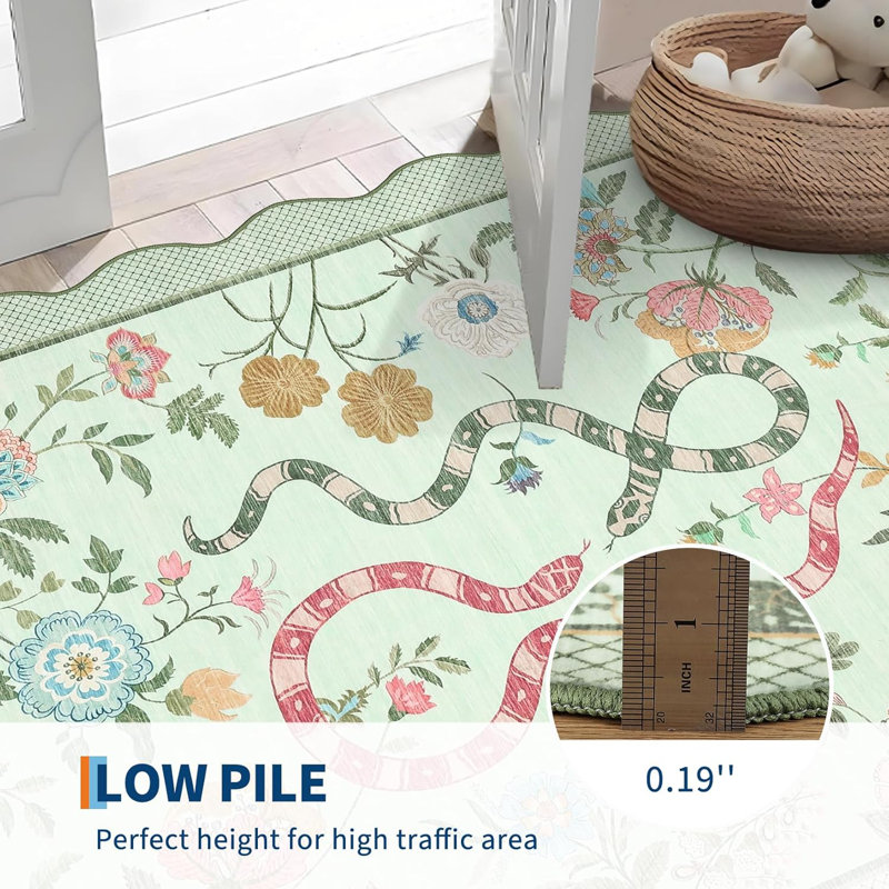 2x6 Kitchen Runner Rug – Soft Non-Shedding Low Pile Farmhouse Floral Carpet with Non-Slip Backing, Stain-Resistant Snake Print Bath Mat