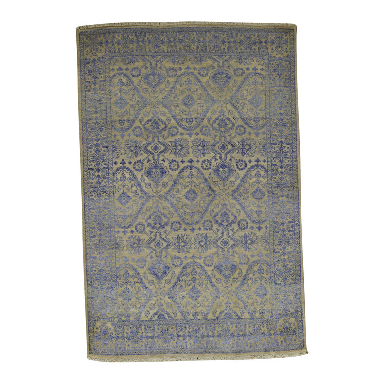Tapis bleu marine et jaune de haute qualité noué à la main