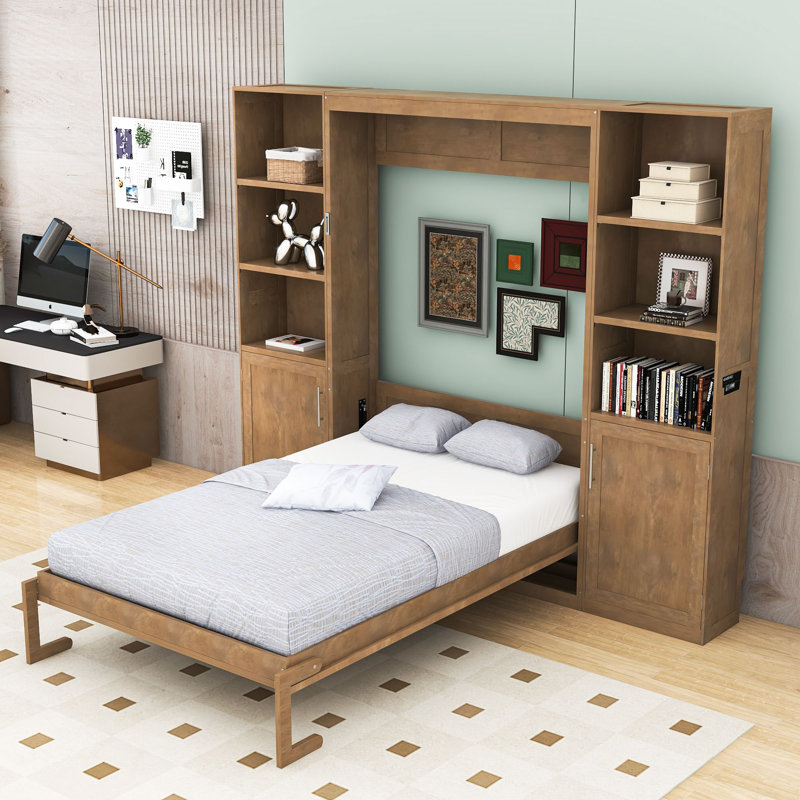 Grand lit escamotable en bois avec tablettes et armoires intégrées, Brun