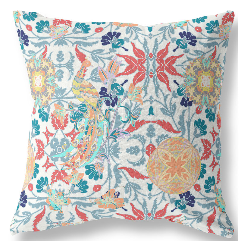 Amaretto Everest Peacock Square Pillow Cover & Insert, 18"x18", White/Red