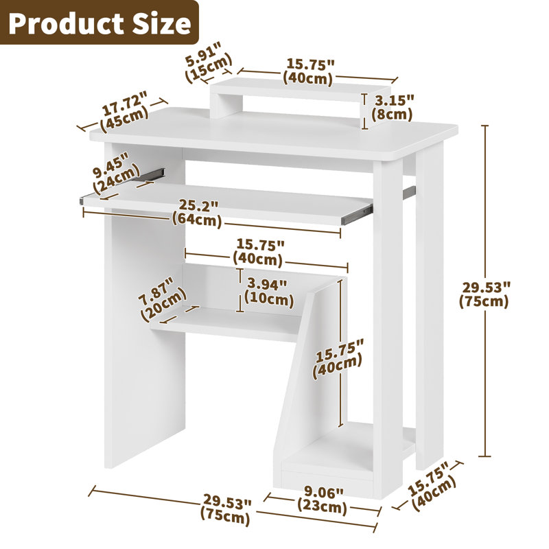 Table de bureau pour ordinateur portable avec tablettes de rangement Oveson 29,5 pouces, blanc, Brun