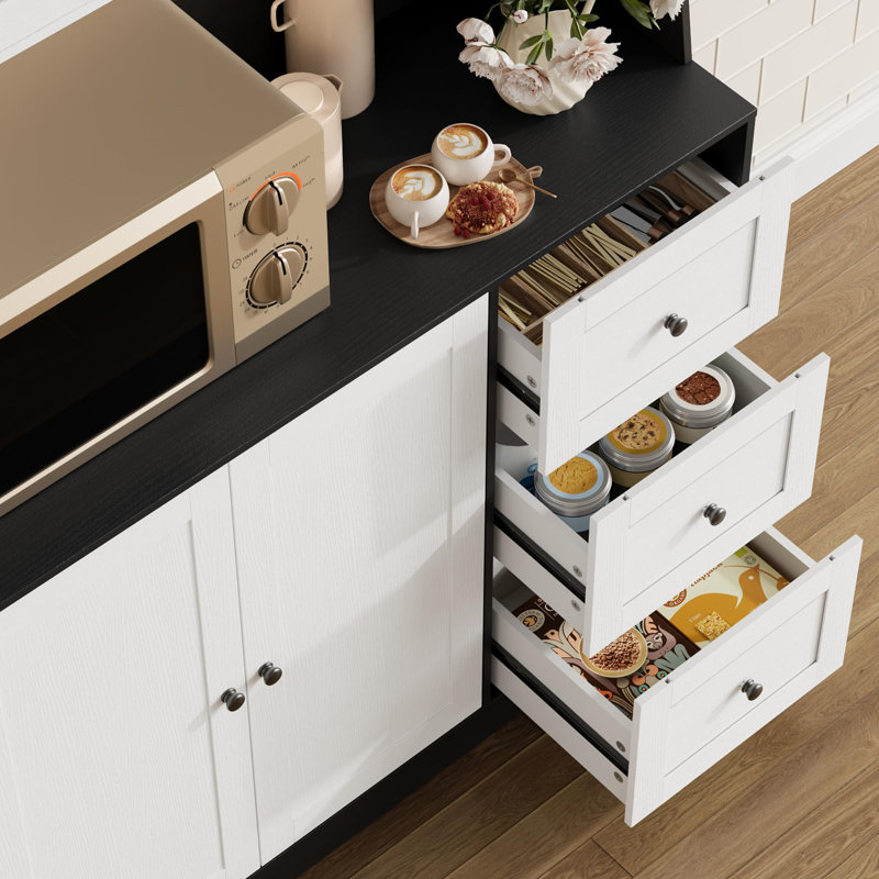 Armoire de cuisine 66 "avec tablette pour micro-ondes, huche autoportante avec 3 tiroirs et lumières DEL, Blanc/Noir