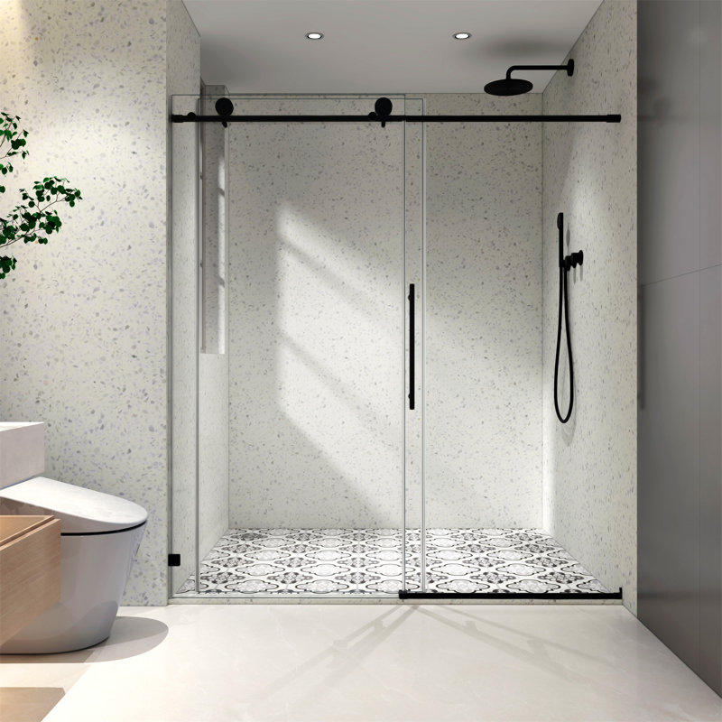 5476 NOIR une porte de douche fixe et une porte décalée sans cadre
