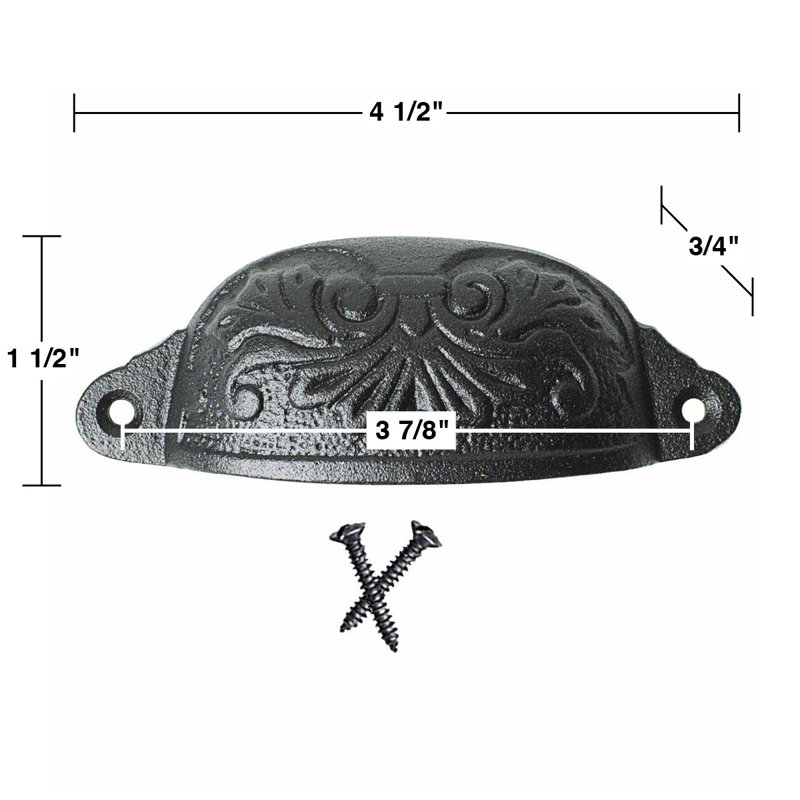 Antique Black Wrought Iron Floral Cup Pulls with Mounting Hardware
