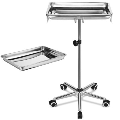 Mobile Mayo Stand Stainless Steel with 2 Pcs Trays on Wheels Adjustable for Medical Dental Salon