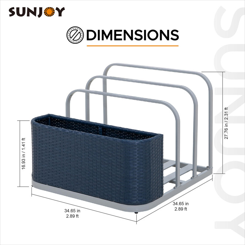 Sunjoy 35 Inch Poolside Float Storage Organizer, Rust-proof Aluminum Wicker Storage Rack, Outdoor Pool Caddy for Cushions, Floaties, Noodles & Pool Toys (Brown)