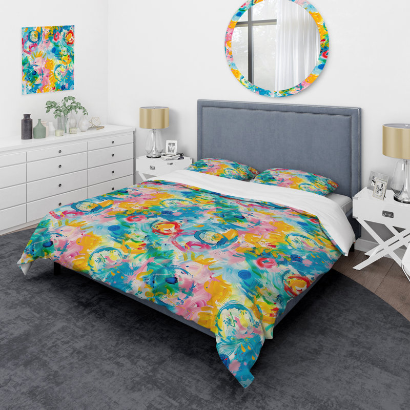 Ensemble de housse de couette à motif abstrait rose et bleu, Housse de couette très grand + 2 taies décorativ