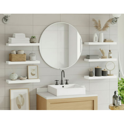 White Farmhouse-Style Floating Shelving Set (6 Pieces), Wooden Wall-Mounted Storage Rack, Suitable For Bathrooms, Bedrooms, Living Rooms, Kitchens, And Other Multi-Scene Practical Storage.