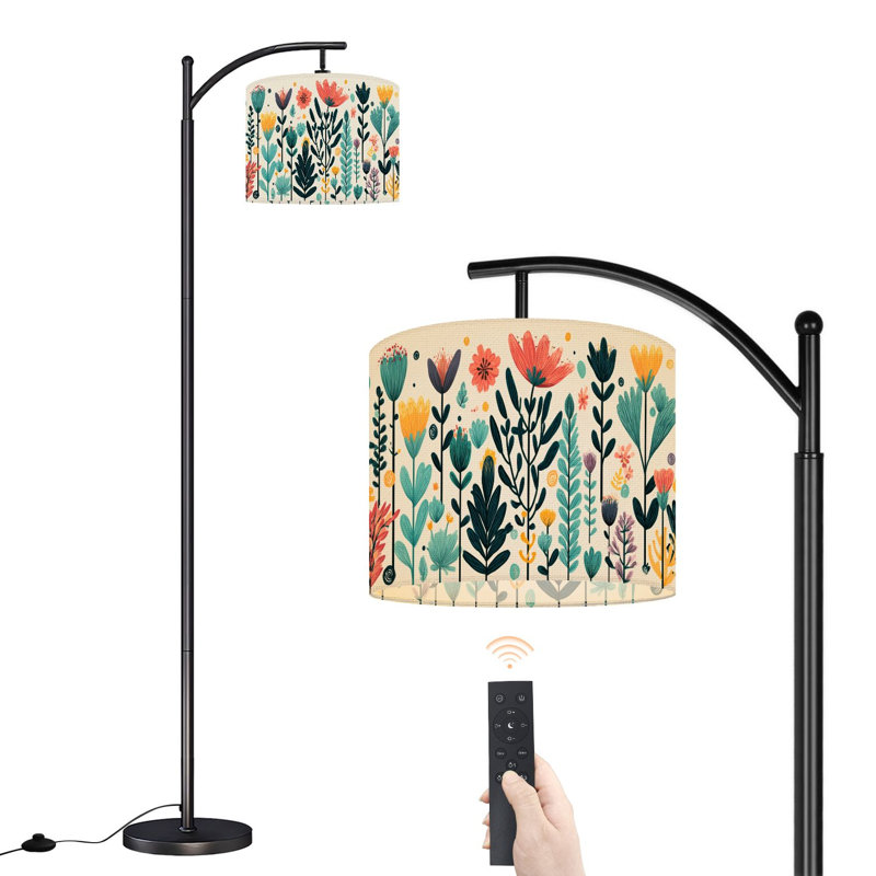 Lampe sur pied à arc avec abat-jour réglable, fantaisiste, floral, couleurs vives, lampe sur pied, décoration printanière moderne, 3 températures de couleur, intensité variable, grand mât avec interrupteur au pied pour la chambre à coucher