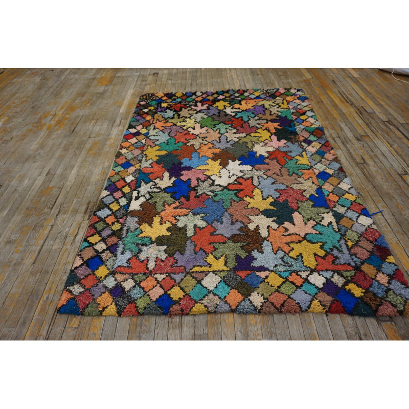 Artistic Colorful Jewel Tone Leaf Pattern Antique American Hooked Rug