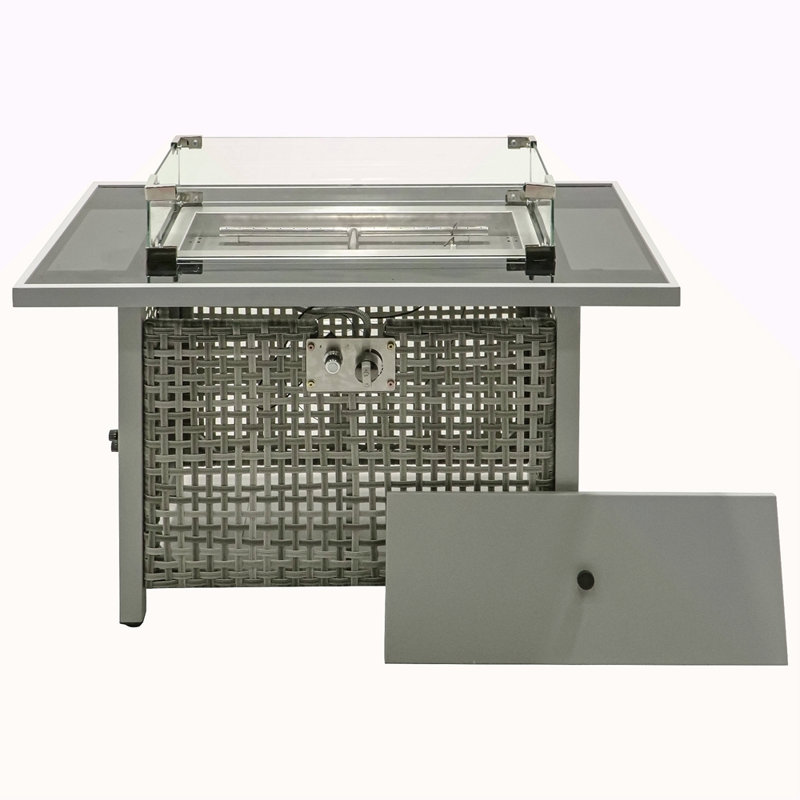 43" Propane Gas Fire Pit Table, 60000 BTU Rectangular Open Weave Wicker Fire Pit With Glass Wind Guard For Outside Patio Deck Garden Backyard
