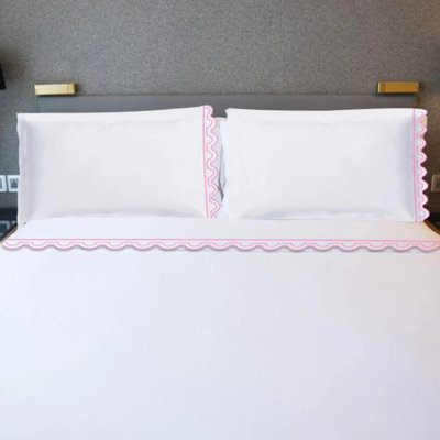 400TC Cotton U Shape Scallop Embroidery Sateen Solid Cotton 4 Piece Sheet Set Fitted Sheet Fits Upto 16" Deep Pocket
