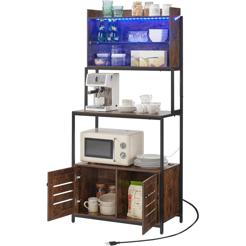 Black Steel 6-Tier Bakers Rack with LED Lights and Power Outlet
