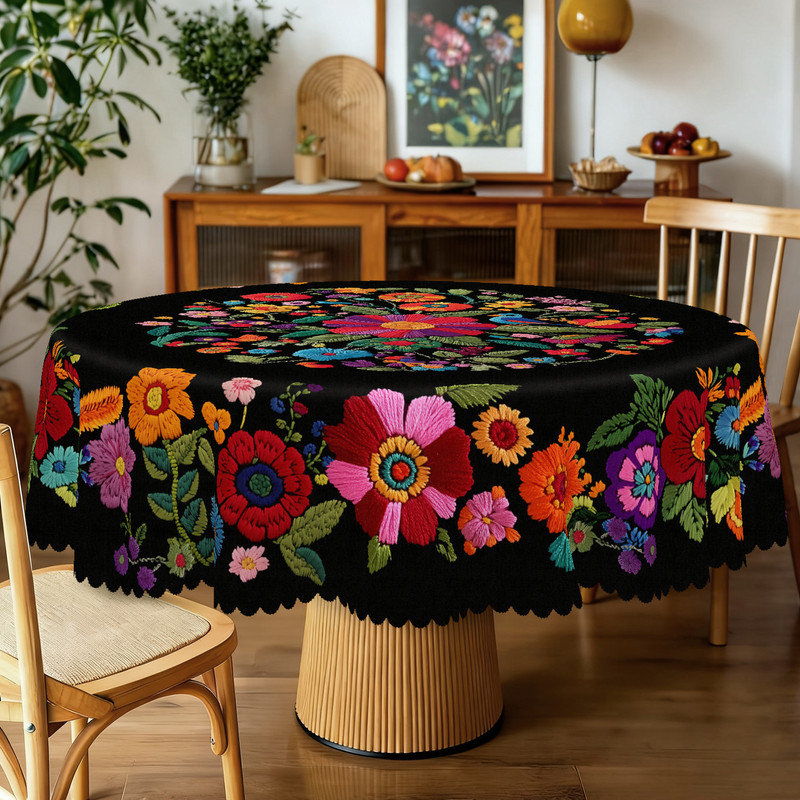Black Washable Polyester Tablecloth with Floral Pattern