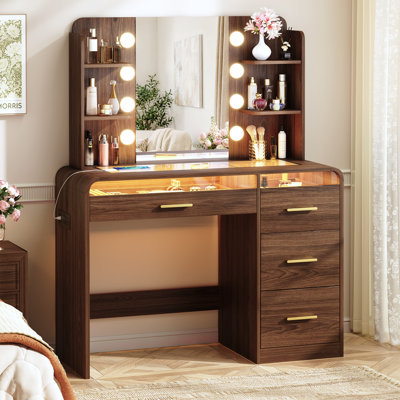 Vanity Desk with Mirror, RGB Glass Top & Charging Station – Spacious Makeup Dresser&26" W Nightstand for Bedroom