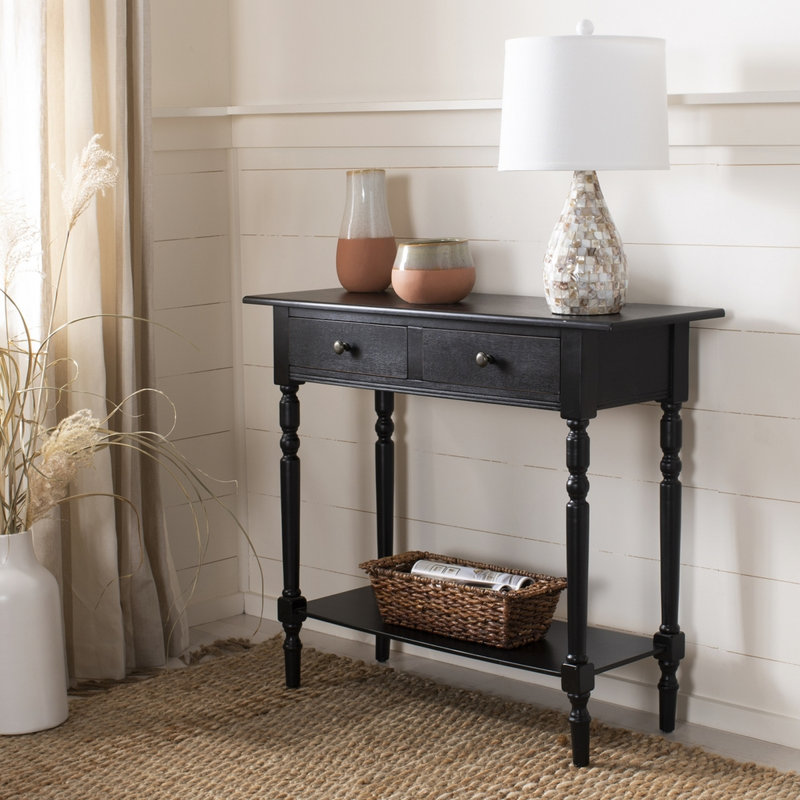 Modern & Elegant Barrackville Rustic 38'' Console Table –Black Pine with Drawers, Open Shelf Storage, Black