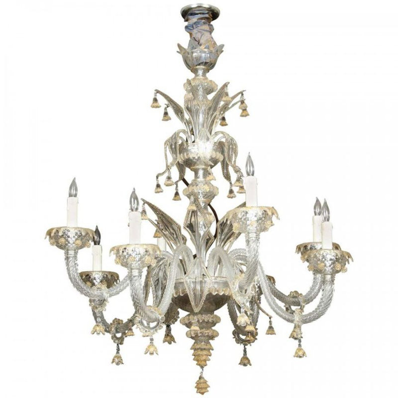 Lustre empire vénitien Murano, Laiton brossé, Transparent, 30" Diameter x 32" Height