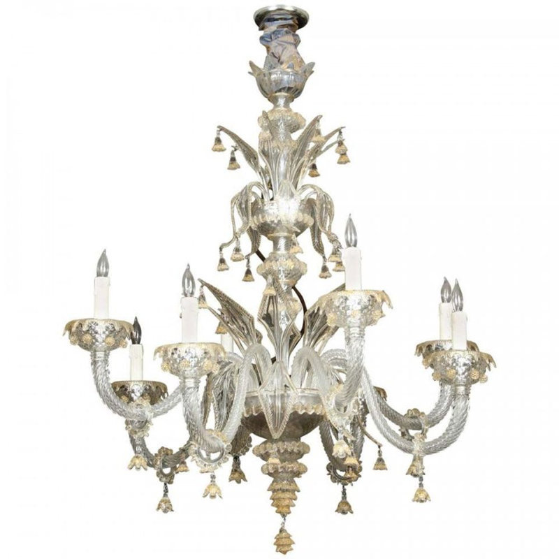 Lustre empire vénitien Murano, Givré, 48" Diameter x 50" Height, Nickel poli