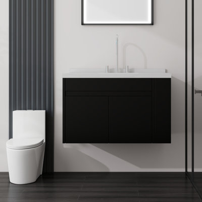 Meuble-lavabo flottant avec lavabo, avec porte à fermeture en douceur, comptoir en marbre de Carrare, contreplaqué, noir