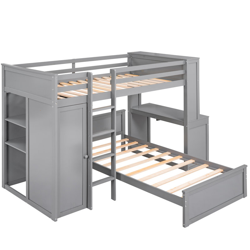 Lit mezzanine avec lit simple, bureau, tablettes et garde-robe, structure en bois compacte pour enfants et adolescents, Gris