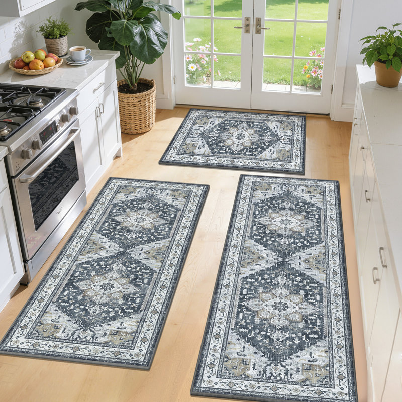 Faux Nylon Pile Non-Slip Washable Kitchen Mats (Set of 3), Gray