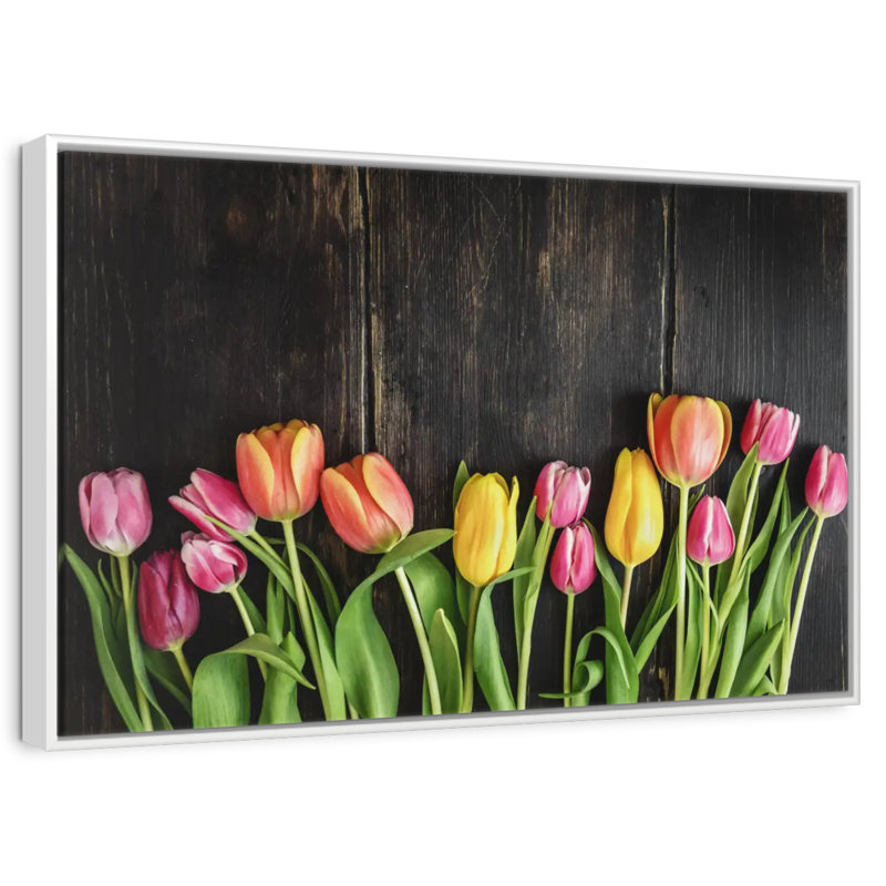 Tulipes sur bois, Cadre flottant blanc, 19 po x 13 po