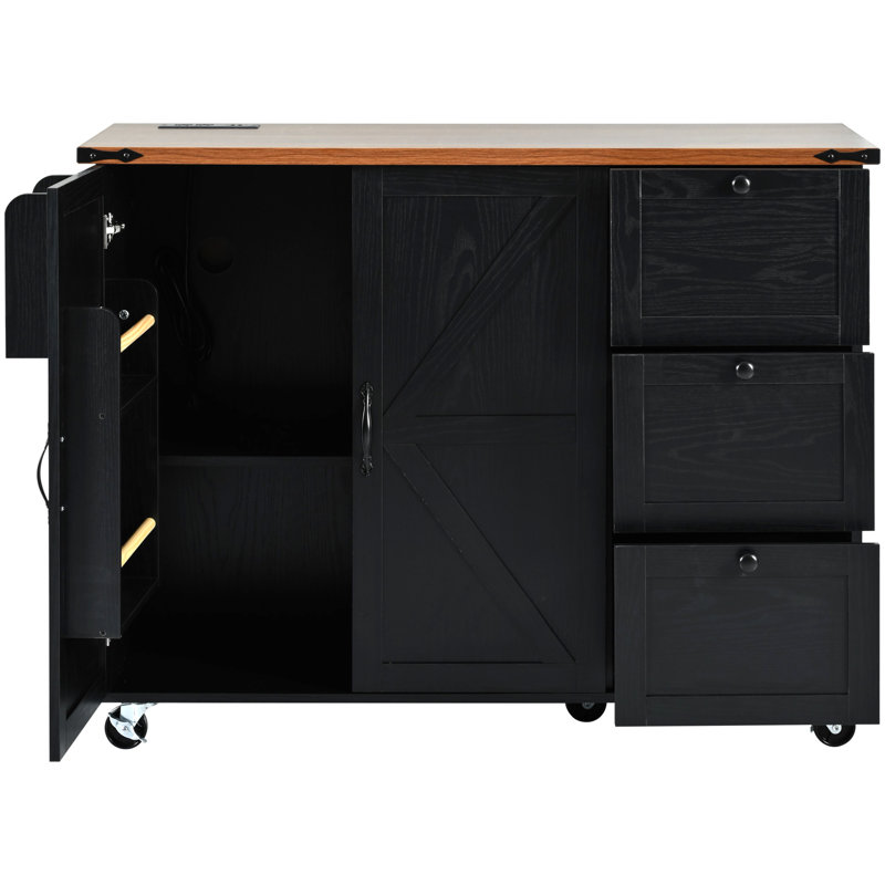 Black Kitchen Storage Island With Folding Drop Leaf And Ports, 54.5 Large Internal Shelf Power Outlet, 54.5" X 28.44" 36.5", Rolling Cart