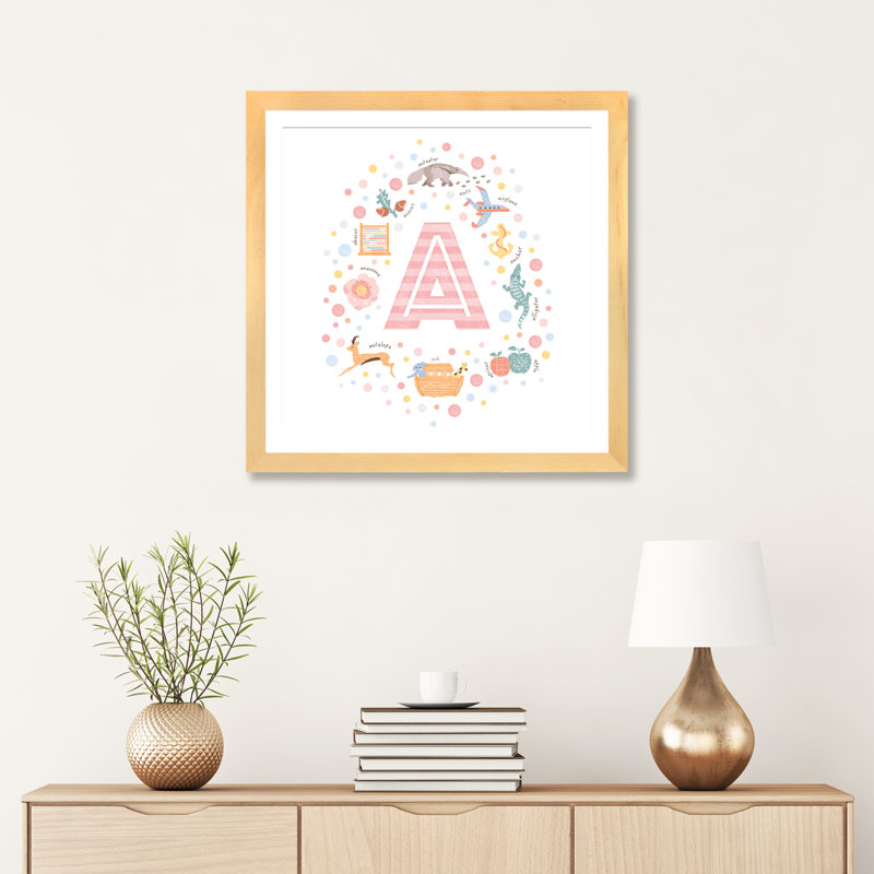 Lettre illustrée A - rose, Papier avec cadre beige, Blanc, H 24 po x l 24 po x p 1 po