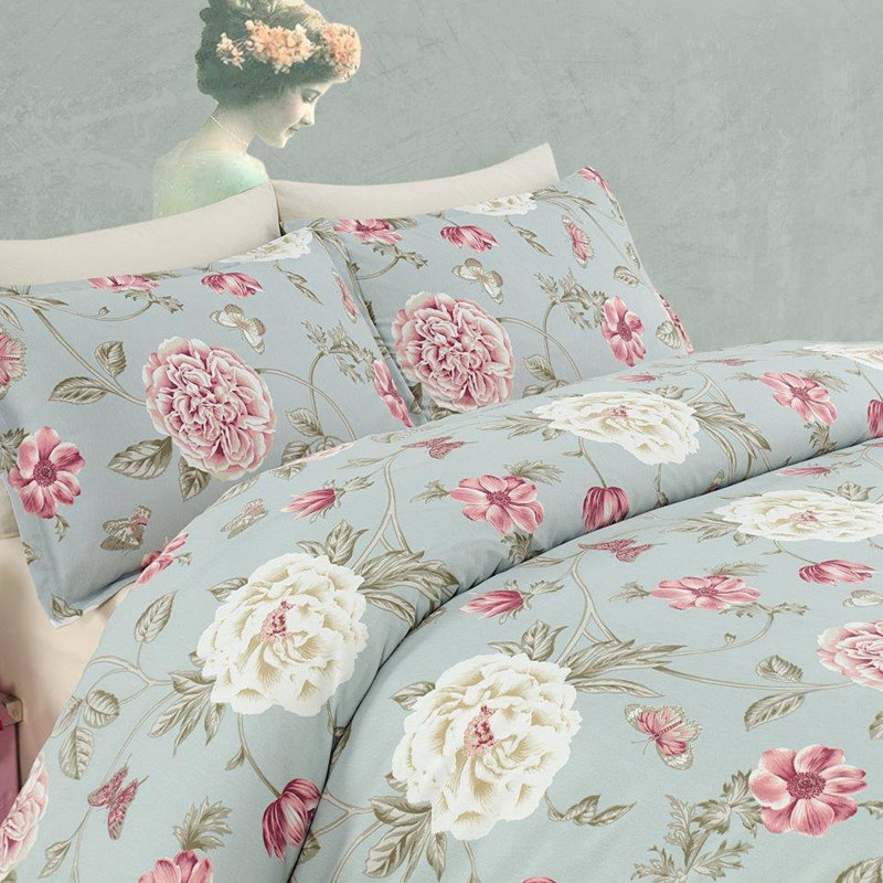 Ensemble de housse de courtepointe très grand (3 pièces), menthe et crème, rose cendré et vert | 65% coton / 35% polyester, housse de couette, taies d'oreiller: 19,7 po x 31,5 po | Lavable à la machine, conception élégante avec fermeture à boutons