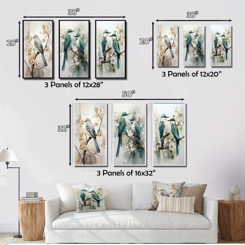 «Bird Silent Watcher», 3 pièces sur toile, Cadre blanc, H 40 po x l 60 po