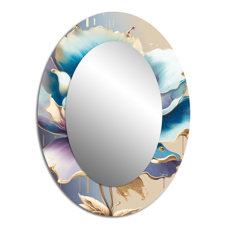 Glace bleue et mauve, aquarelle, fleur II - miroir décoratif ovale floral sur métal, 40 po x 30 po