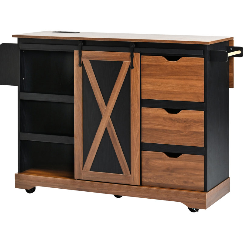 Îlot de cuisine noir 55,5 po avec abattant, porte de grange coulissante, station de charge, tablette réglable et support à épices, pour la salle à manger, prise de courant, roulettes, grand espace de travail, maison