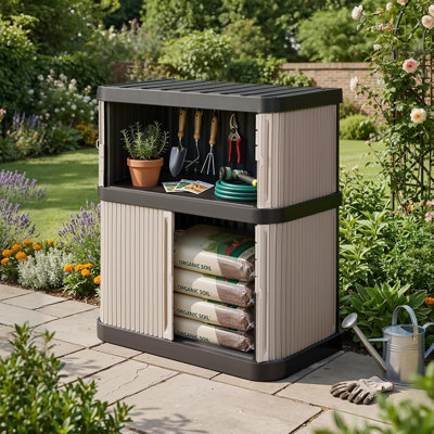 35.4 in. W x 20.5 in. D 2-Tier Plastic Outdoor Storage Shed with Lockable Doors