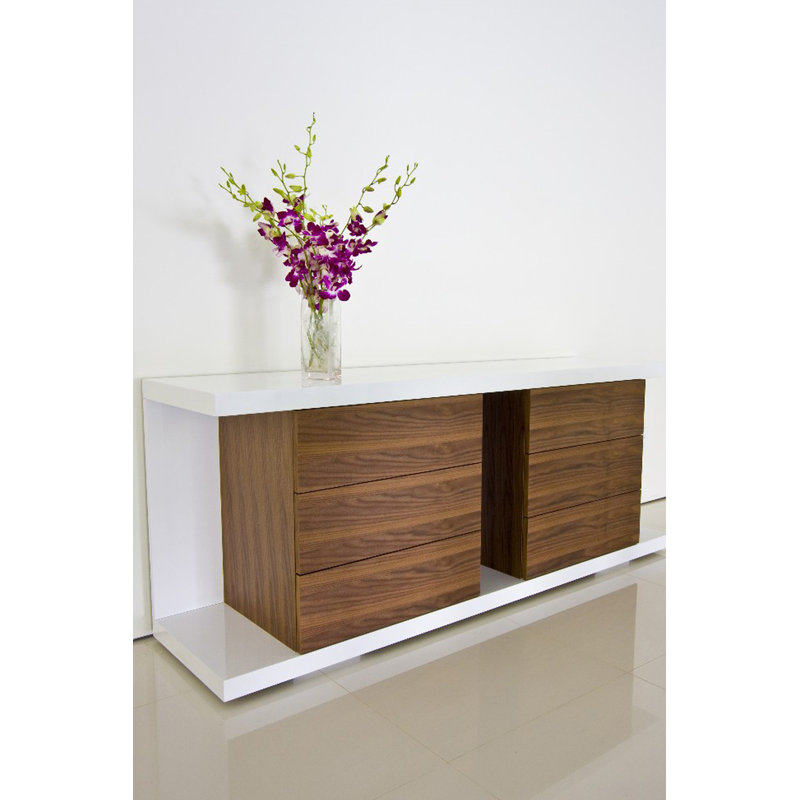 Pangea Home Thite Jamer 71" Wide 6 Drawer Sideboard - FULLY ASSEMBLED - Modern Storage Buffet – Contemporary Sideboard Cabinet, Bedroom Dresser with Drawers for Dining Room, Living Room, Bedroom, or Kitchen - Walnut Wood Veneer and White Glossy Lacquer