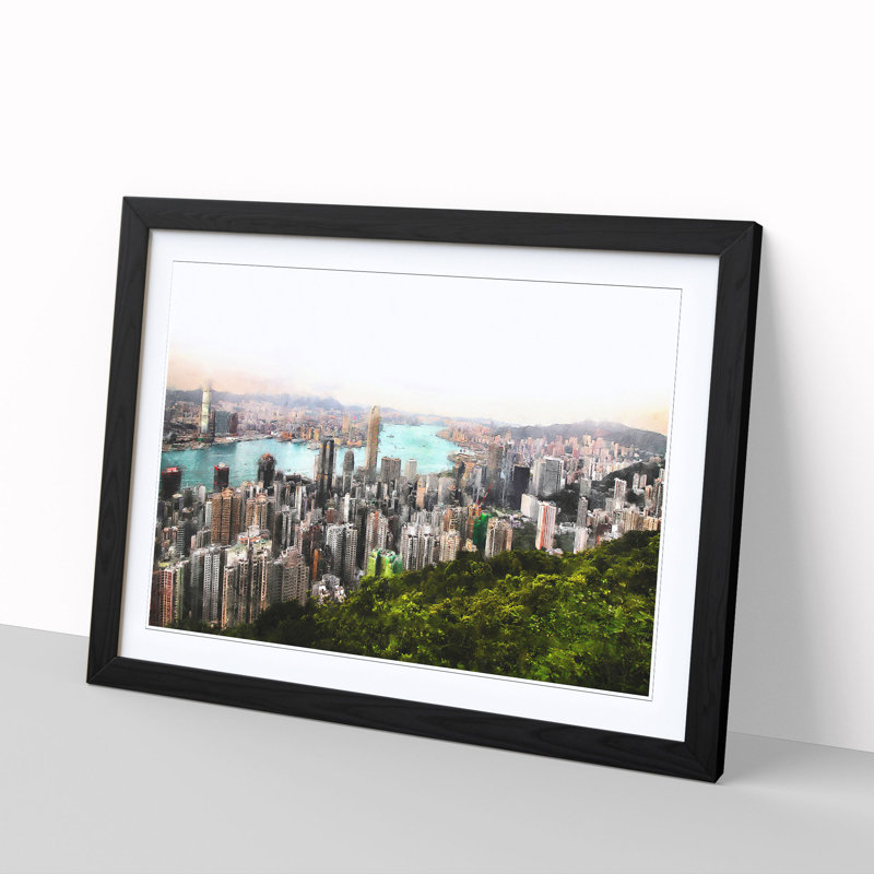 Hong Kong Skyline - Picture Frame Painting Print, Black Framed, 33cm H x 45cm W x 2cm D