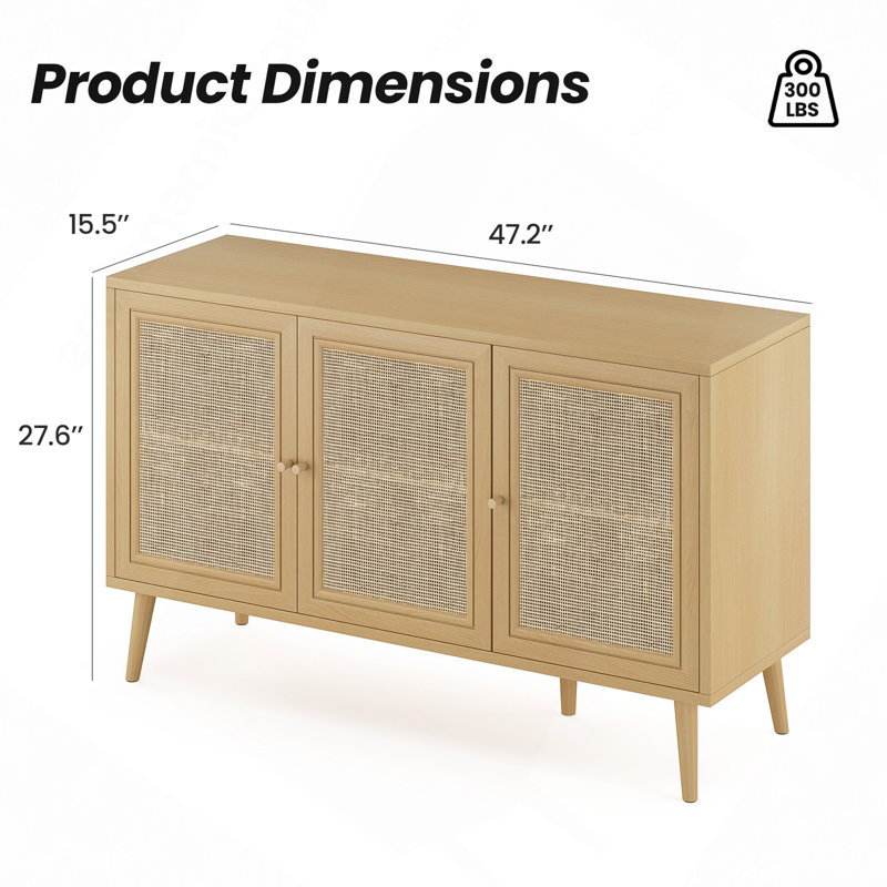Buffet buffet avec 3 portes en rotin, console de rangement pour le salon (petit), Naturel