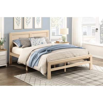 Base de lit pour grand lit avec tête de lit contemporaine à finition naturelle naturelle, tête de lit, lattes et rails