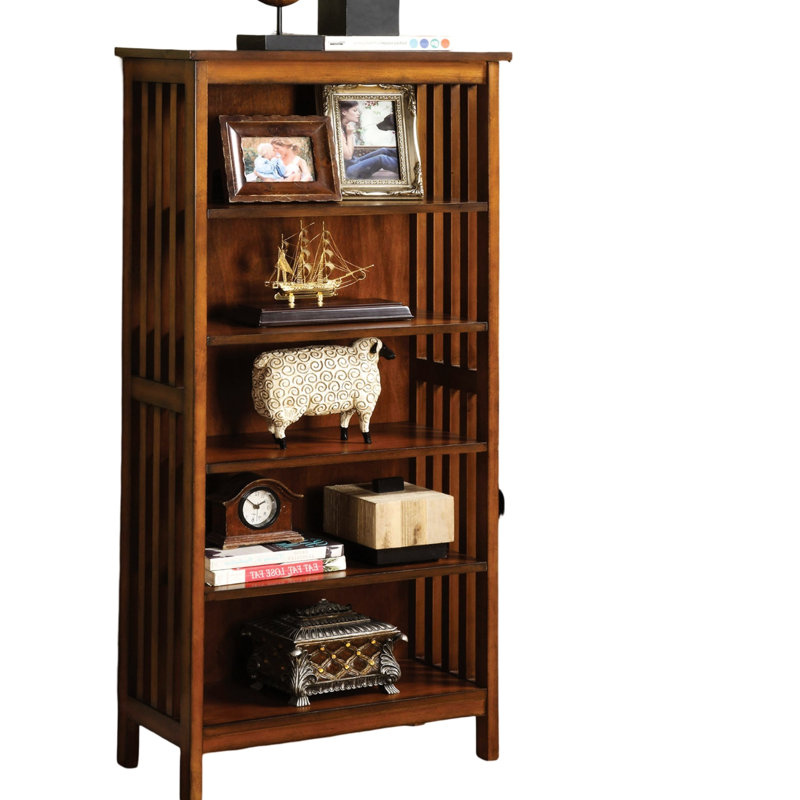 Transitional Style Solid Wood Shelf With 5-shelves In Antique Oak Hue Display Cabinet Finish For Media