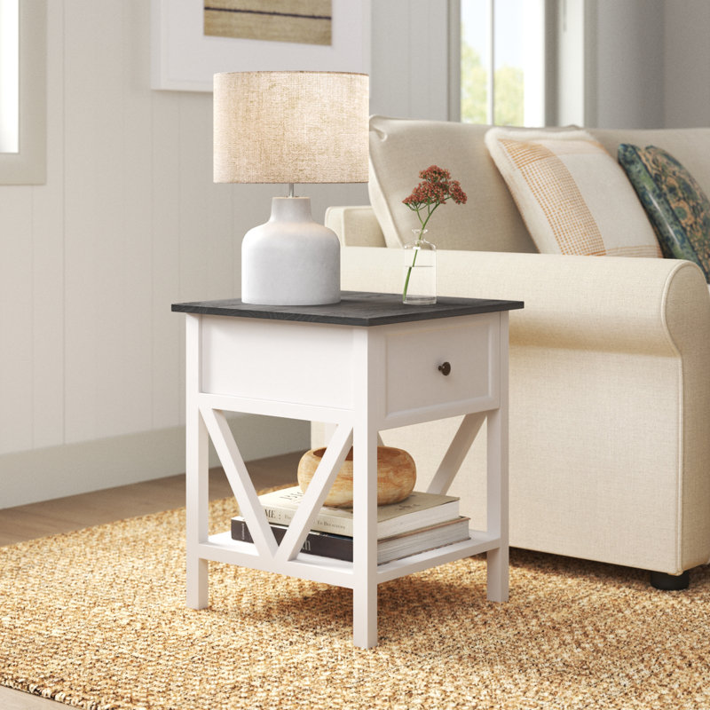 Solid Wood End Table with Storage, Gray, White Wash