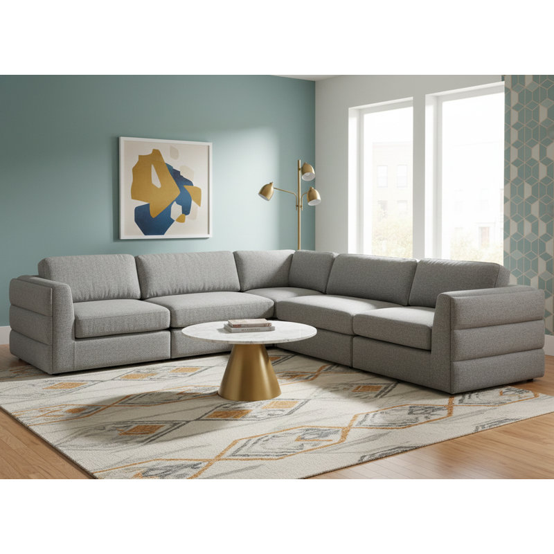 Howardine Upholstered L-Shaped Sectional Reversible, Grey Linen Textured Fabric