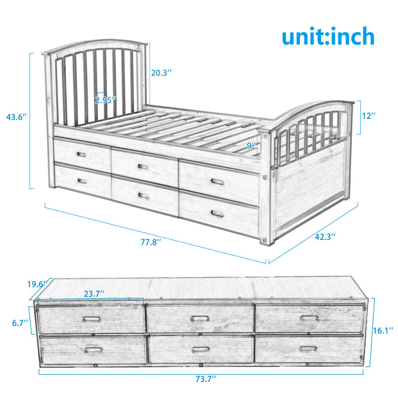 Lit standard 6 tiroirs en bois massif, Espresso