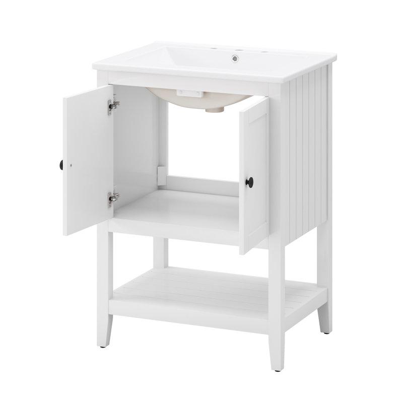 Lavabo de salle de bain moderne et élégant avec lavabo en céramique et structure ouverte en bois massif, Blanc, 24"