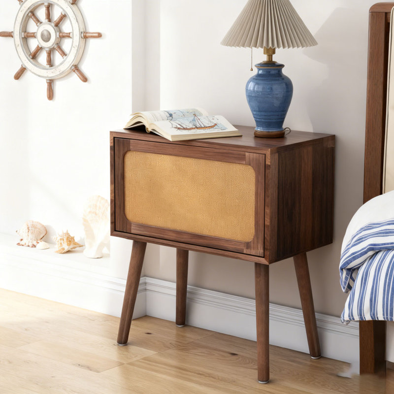 Rotating Hidden Compartment Nightstands, Mid Century Modern Concealment Furniture, Rattan Bed Side Table, Compartment End Table with Wood Legs, Bedside Tables for Bedroom, Living Room