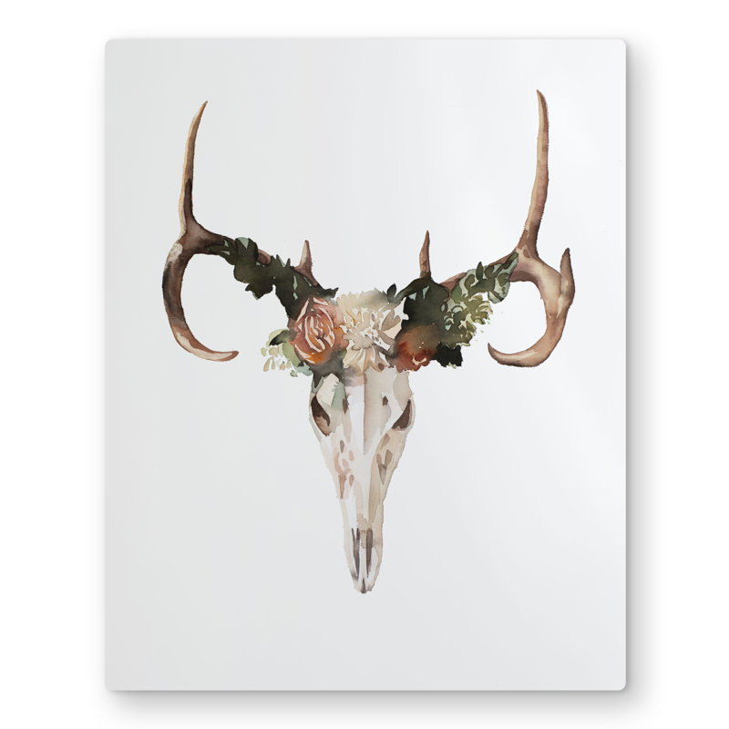 Deer Skull with Roses - Rustic Metal Print for Home Decor